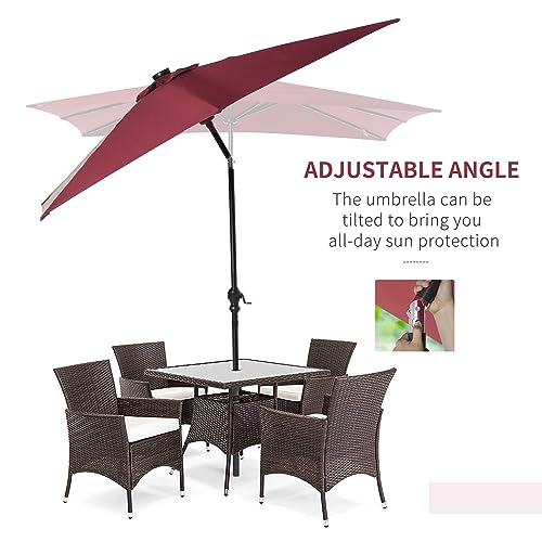 Outsunny 9' x 7' Patio Umbrella Outdoor Table Market Umbrella with Crank, Solar LED Lights, 45° Tilt, Push-Button Operation, for Deck, Backyard, Pool and Lawn, Wine Red