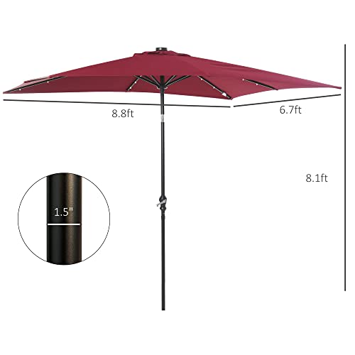 Outsunny 9' x 7' Patio Umbrella Outdoor Table Market Umbrella with Crank, Solar LED Lights, 45° Tilt, Push-Button Operation, for Deck, Backyard, Pool and Lawn, Wine Red