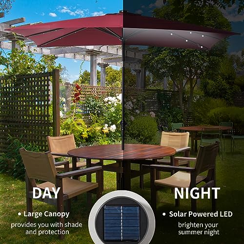 Outsunny 9' x 7' Patio Umbrella Outdoor Table Market Umbrella with Crank, Solar LED Lights, 45° Tilt, Push-Button Operation, for Deck, Backyard, Pool and Lawn, Wine Red