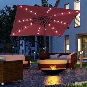 Outsunny 9' x 7' Patio Umbrella Outdoor Table Market Umbrella with Crank, Solar LED Lights, 45° Tilt, Push-Button Operation, for Deck, Backyard, Pool and Lawn, Wine Red