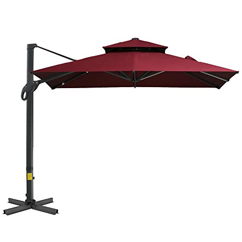 Outsunny 10ft Cantilever Patio Umbrella with Base, Hanging Aluminum Offset Umbrella with 360° Rotation, Easy Tilt, 8 Ribs, Crank, Cross Base Included for Backyard, Poolside, Lawn, Garden, Wine Red