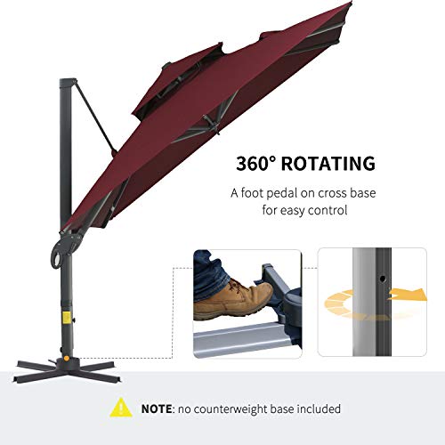 Outsunny 10ft Cantilever Patio Umbrella with Base, Hanging Aluminum Offset Umbrella with 360° Rotation, Easy Tilt, 8 Ribs, Crank, Cross Base Included for Backyard, Poolside, Lawn, Garden, Wine Red