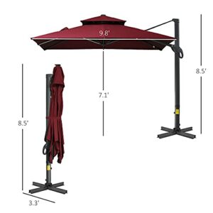 Outsunny 10ft Cantilever Patio Umbrella with Base, Hanging Aluminum Offset Umbrella with 360° Rotation, Easy Tilt, 8 Ribs, Crank, Cross Base Included for Backyard, Poolside, Lawn, Garden, Wine Red