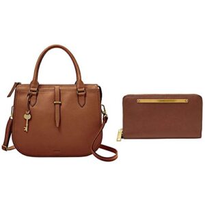 fossil women's ryder leather satchel handbag, brown with women's liza leather zip around clutch wallet, brown