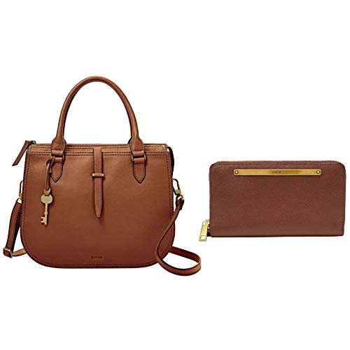 Fossil Women's Ryder Leather Satchel Handbag, Brown with Women's Liza Leather Zip Around Clutch Wallet, Brown