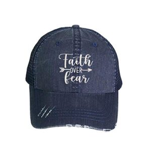 DSY Lifestyle Faith Over Fear Embroidered Distressed Trucker Hat -Frayed Bill Mesh Back Cap (Black)