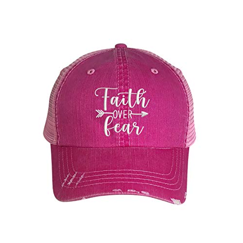 DSY Lifestyle Faith Over Fear Embroidered Distressed Trucker Hat -Frayed Bill Mesh Back Cap (Black)