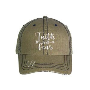 dsy lifestyle faith over fear embroidered distressed trucker hat -frayed bill mesh back cap (black)
