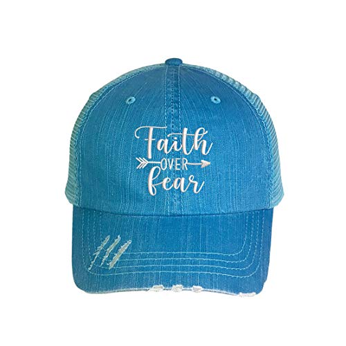 DSY Lifestyle Faith Over Fear Embroidered Distressed Trucker Hat -Frayed Bill Mesh Back Cap (Black)