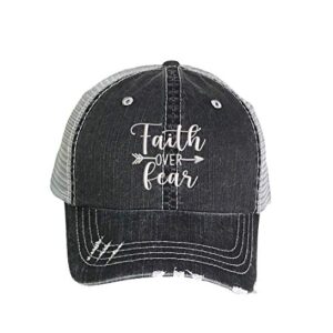 DSY Lifestyle Faith Over Fear Embroidered Distressed Trucker Hat -Frayed Bill Mesh Back Cap (Black)