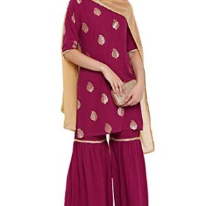 Janasya Indian Women's Magenta Poly Crepe Kurti With Sharara And Dupatta(SET250-KR-SHA-M)