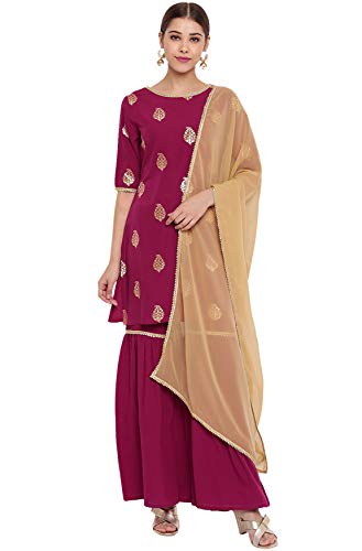 Janasya Indian Women's Magenta Poly Crepe Kurti With Sharara And Dupatta(SET250-KR-SHA-M)