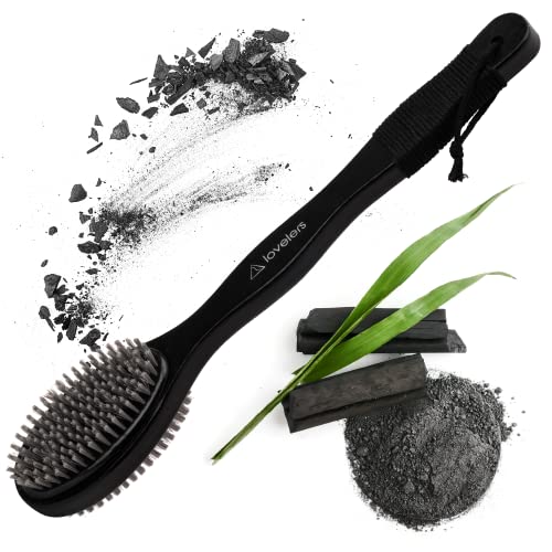 Lovelers Shower Back Brush with Long Handle for Men and Women - Bamboo Bath & Body Brushes for Cleansing and Exfoliating - Black Body Scrubber with Handle - Dual Sided Back Exfoliator for Shower