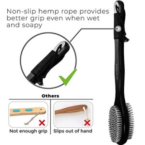 Lovelers Shower Back Brush with Long Handle for Men and Women - Bamboo Bath & Body Brushes for Cleansing and Exfoliating - Black Body Scrubber with Handle - Dual Sided Back Exfoliator for Shower