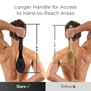 Lovelers Shower Back Brush with Long Handle for Men and Women - Bamboo Bath & Body Brushes for Cleansing and Exfoliating - Black Body Scrubber with Handle - Dual Sided Back Exfoliator for Shower