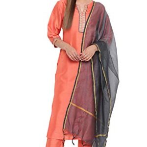 Janasya Indian Women's Peach Poly Silk Kurta with Pant and Dupatta(SET199-KR-NP-S)