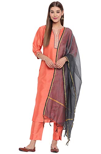 Janasya Indian Women's Peach Poly Silk Kurta with Pant and Dupatta(SET199-KR-NP-S)