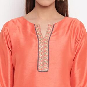 Janasya Indian Women's Peach Poly Silk Kurta with Pant and Dupatta(SET199-KR-NP-S)