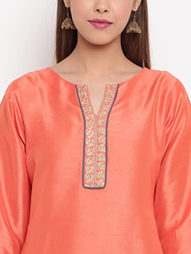 Janasya Indian Women's Peach Poly Silk Kurta with Pant and Dupatta(SET199-KR-NP-S)