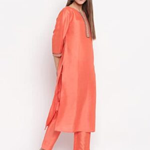 Janasya Indian Women's Peach Poly Silk Kurta with Pant and Dupatta(SET199-KR-NP-S)