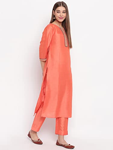 Janasya Indian Women's Peach Poly Silk Kurta with Pant and Dupatta(SET199-KR-NP-S)