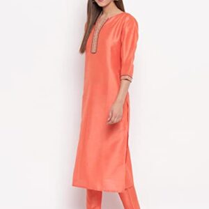 Janasya Indian Women's Peach Poly Silk Kurta with Pant and Dupatta(SET199-KR-NP-S)