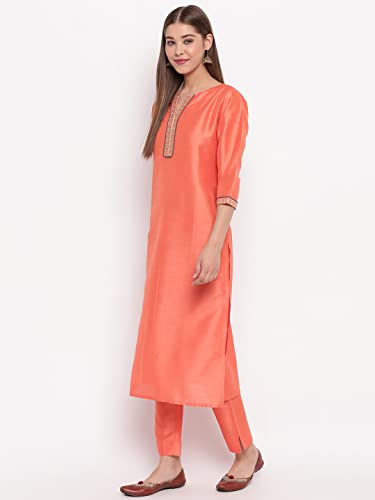 Janasya Indian Women's Peach Poly Silk Kurta with Pant and Dupatta(SET199-KR-NP-S)