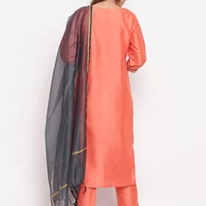 Janasya Indian Women's Peach Poly Silk Kurta with Pant and Dupatta(SET199-KR-NP-S)