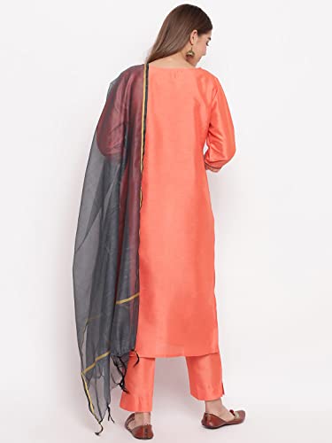 Janasya Indian Women's Peach Poly Silk Kurta with Pant and Dupatta(SET199-KR-NP-S)