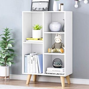 iotxy wooden open shelf bookcase - 3-tier floor standing display cabinet rack with legs, 5 cubes bookshelf, warm white