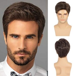 swiking brown wigs for men short layered cosplay costume party natural hair for male guy synthesis full wig (brown)