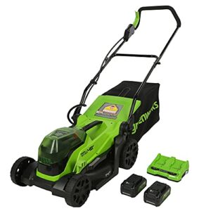 greenworks 48v (2 x 24v) 14" brushless cordless lawn mower, (2) 4.0ah usb batteries (usb hub) and dual port rapid charger included
