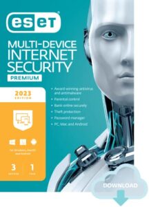eset multi-device internet security premium, 2023 edition, 3 devices, 1 year, antivirus software, password manager, privacy protection, antispam, anti-theft, digital download [pc/mac/android/linux online code]