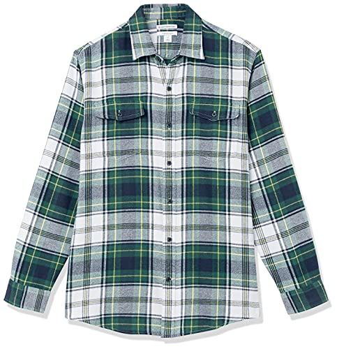 Amazon Essentials Men's Regular-Fit Long-Sleeve Two-Pocket Flannel Shirt, Green/Ivory, Plaid, X-Large