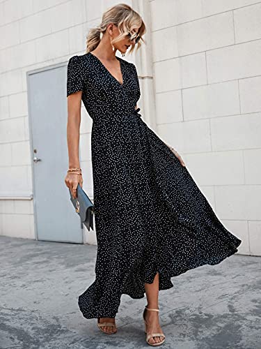PRETTYGARDEN Women's Summer Wrap Maxi Dress Casual Boho Floral V Neck Short Sleeve Ruffle Hem Split Beach Long Dresses (Black Polka Dot,X-Large)