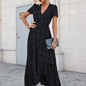 PRETTYGARDEN Women's Summer Wrap Maxi Dress Casual Boho Floral V Neck Short Sleeve Ruffle Hem Split Beach Long Dresses (Black Polka Dot,X-Large)