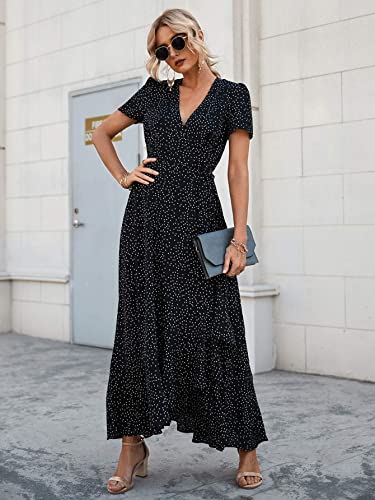 PRETTYGARDEN Women's Summer Wrap Maxi Dress Casual Boho Floral V Neck Short Sleeve Ruffle Hem Split Beach Long Dresses (Black Polka Dot,X-Large)