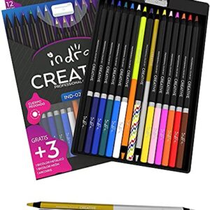 Indra Professional Colored Pencils Set, 12+3 Colored Art Drawing Pencils for Adults Kids Students Teachers Coloring Drawing Sketching Crafting