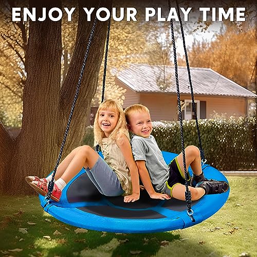 TURFEE 40" Blue Saucer Tree Swing Set 900D Heavy-Duty Waterproof Oxford Fabric Platform Swing Seat with Carabiners and Adjustable Ropes for Kids Playground Outdoor Activity Backyard Fun Daily Exercise