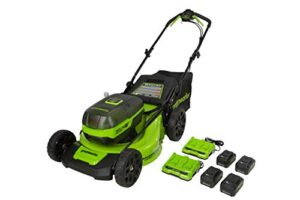 greenworks 48v (2 x 24v) 21" brushless cordless self-propelled lawn mower, (4) 4.0ah usb batteries and (2) dual port rapid chargers
