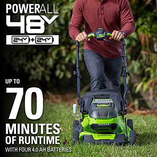 Greenworks 48V (2 x 24V) 21" Brushless Cordless Self-Propelled Lawn Mower, (4) 4.0Ah USB Batteries and (2) Dual Port Rapid Chargers