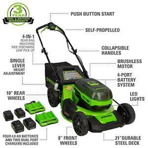 Greenworks 48V (2 x 24V) 21" Brushless Cordless Self-Propelled Lawn Mower, (4) 4.0Ah USB Batteries and (2) Dual Port Rapid Chargers