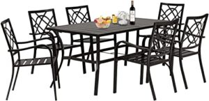 solaura 7-piece outdoor patio dining set, 6 person garden dining set furniture with slat table top/backyard stacked chairs, 1.57" umbrella hole (black)