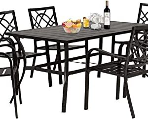 SOLAURA 7-Piece Outdoor Patio Dining Set, 6 Person Garden Dining Set Furniture with Slat Table Top/Backyard Stacked Chairs, 1.57" Umbrella Hole (Black)