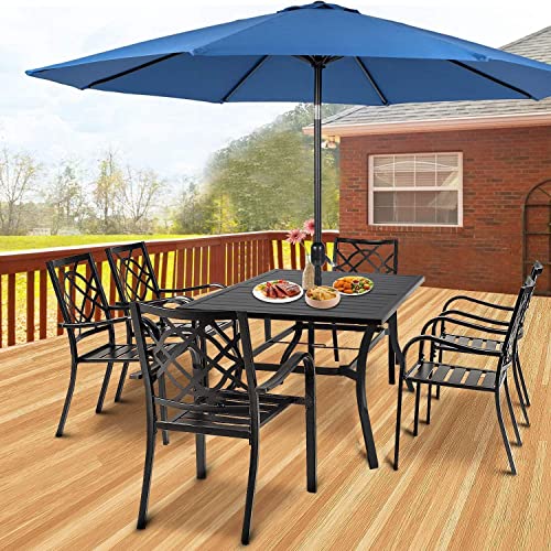 SOLAURA 7-Piece Outdoor Patio Dining Set, 6 Person Garden Dining Set Furniture with Slat Table Top/Backyard Stacked Chairs, 1.57" Umbrella Hole (Black)