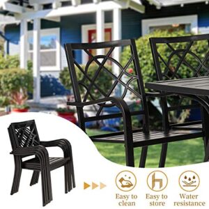 SOLAURA 7-Piece Outdoor Patio Dining Set, 6 Person Garden Dining Set Furniture with Slat Table Top/Backyard Stacked Chairs, 1.57" Umbrella Hole (Black)