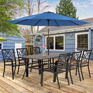 SOLAURA 7-Piece Outdoor Patio Dining Set, 6 Person Garden Dining Set Furniture with Slat Table Top/Backyard Stacked Chairs, 1.57" Umbrella Hole (Black)