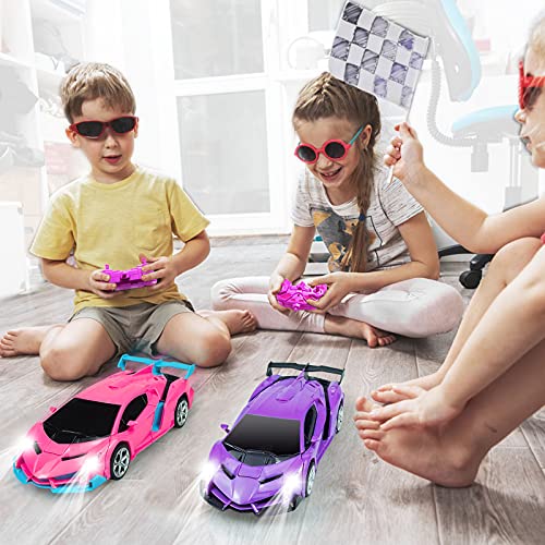 Ynybusi Remote Control Car, Transformation Car Robot Rc Cars for Kids Boys Girls Gift, 2.4G 1:18 Scale Racing Car with One-Button Deformation & 360°Drifting Robot Car Toy- Pink