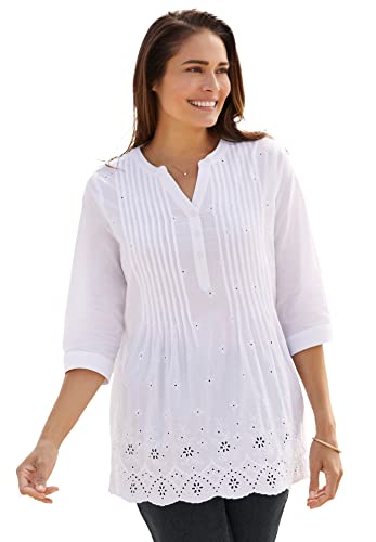 Woman Within Women's Plus Size Embroidered Cotton Tunic - 2X, White Eyelet Embroidery