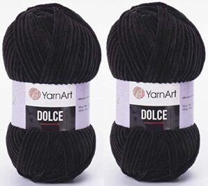 yarnart dolce yarn velvet yarn 100% micropolyester lot of 2 skn 264 yards 2x100gram super bulky :6 baby chenille yarn (742 black)